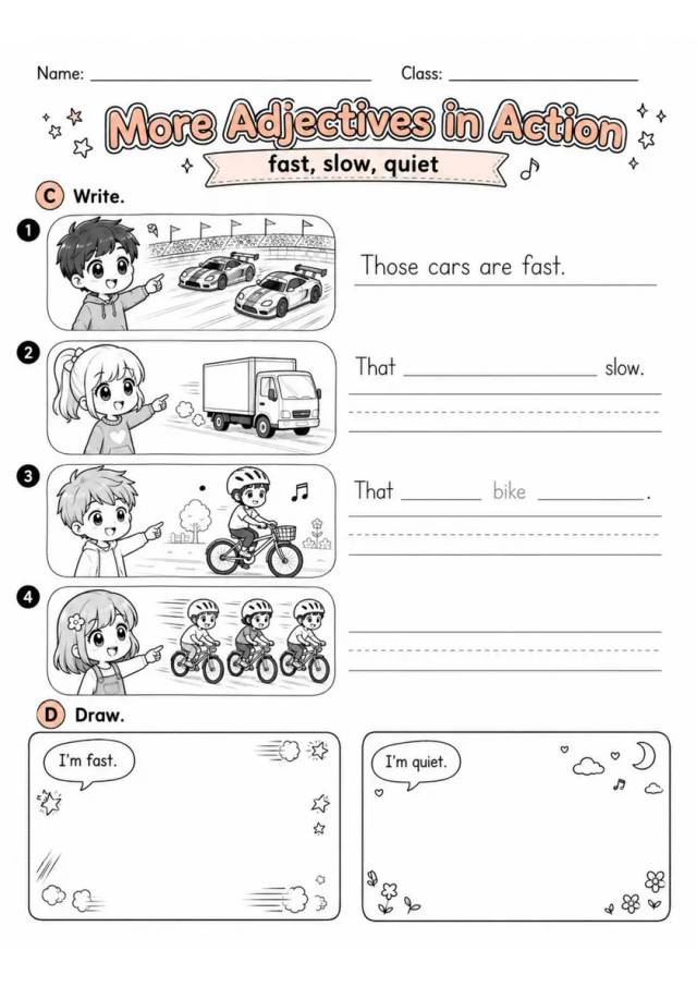 More Adjectives In Action | Grade 2 English Language Arts Worksheet grade 2 printable PDF preview