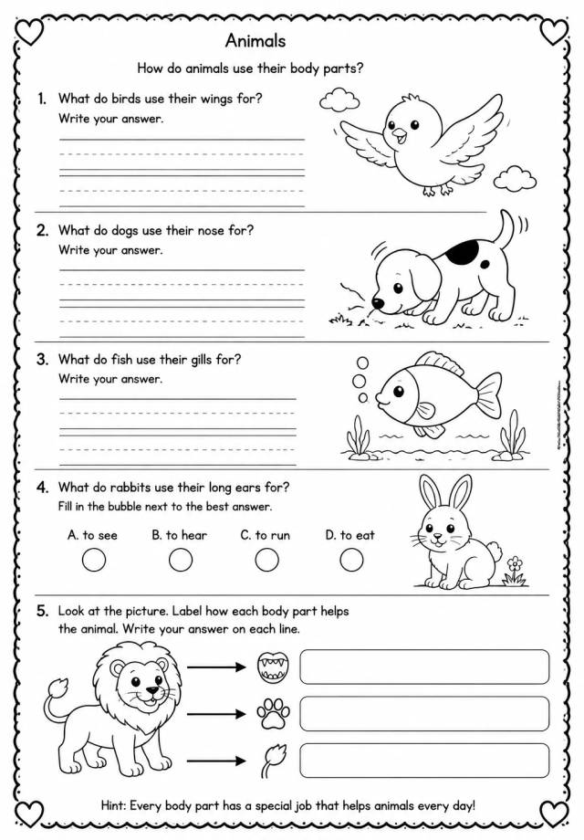How do animals use their body parts? — free printable Kindergarten Science worksheet
