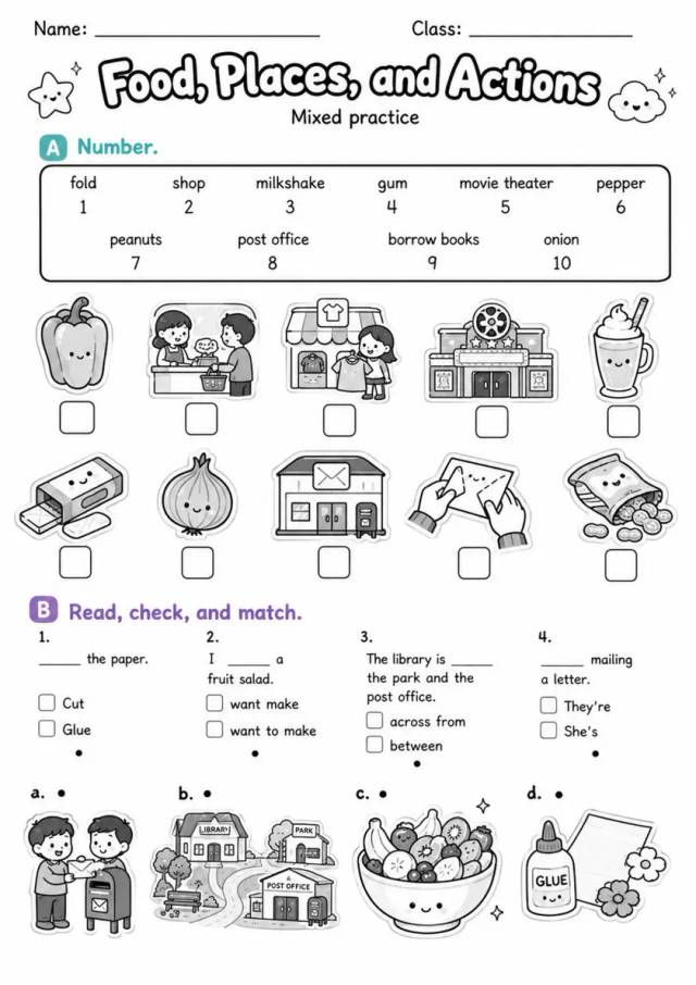 Food, Places, And Actions | Grade 2 Vocabulary Worksheet grade 2 printable PDF preview