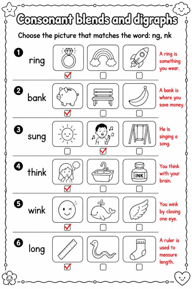 Answer key for Choose the picture that matches the word: ng, nk — free printable English & Reading worksheet