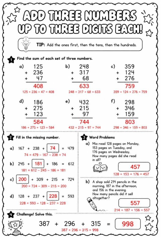 Answer key for Add three numbers up to three digits each — free printable Math worksheet