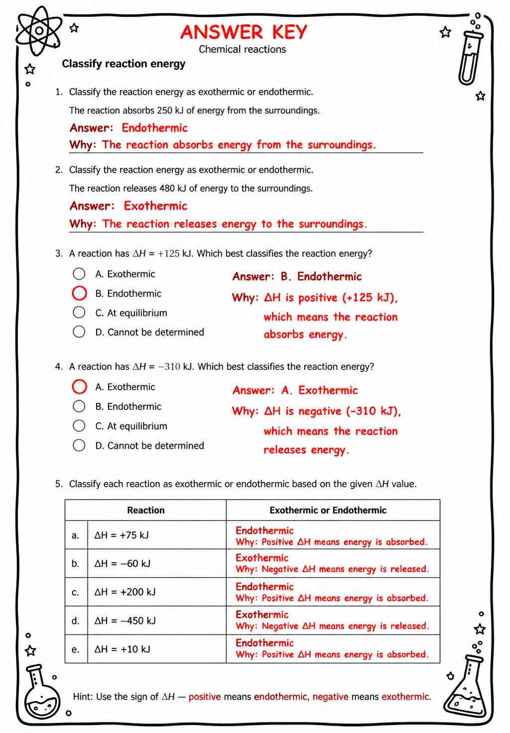 Answer key for Classify reaction energy — free printable Science worksheet