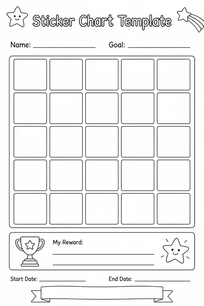 Blank printable sticker chart template with an empty reward grid, ready to fill in student name, target behaviour, and sticker spaces