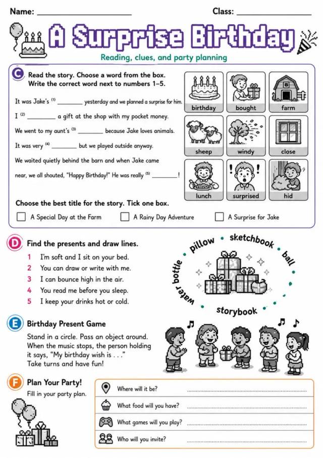 Cambridge MOVERS - A Surprise Birthday | Free Worksheet primary printable PDF preview