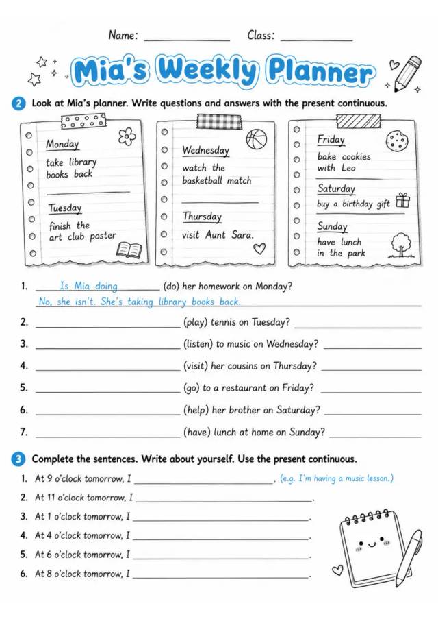 Future Forms: Mia'S Weekly Planner | Grades 5-6 Grammar Worksheet grades 5 6 printable PDF preview