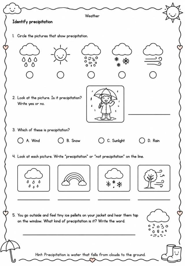 Identify precipitation — free printable Grade 1 Science worksheet