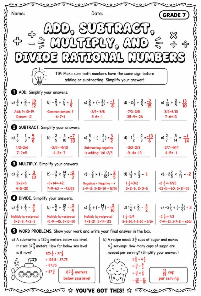 Answer key for Add, subtract, multiply, and divide rational numbers — free printable Math worksheet