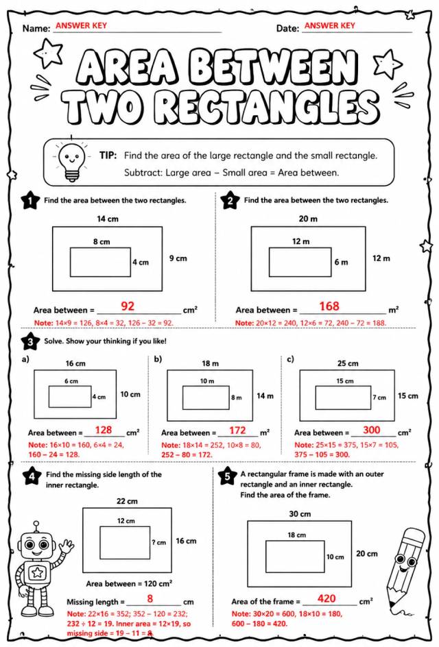 Answer key for Area between two rectangles — free printable Math worksheet