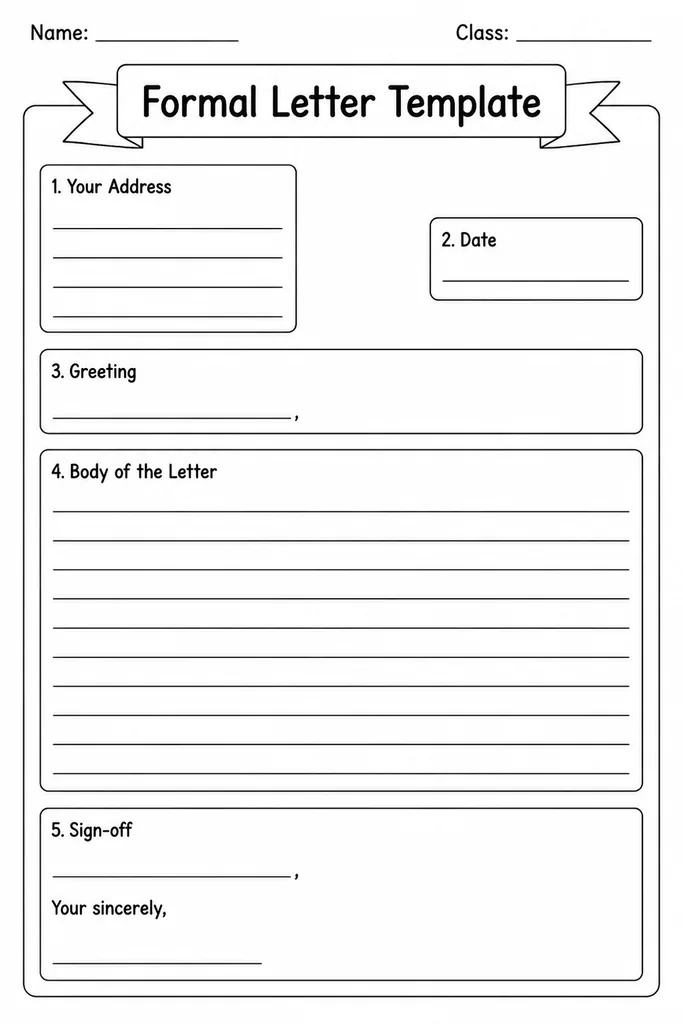 Blank formal letter template with labelled sections for sender address, date, recipient address, greeting, body paragraphs and sign-off