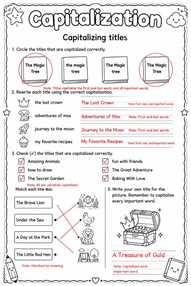 Answer key for Capitalizing titles — free printable English & Reading worksheet
