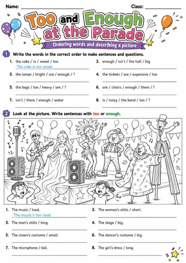 Too And Enough At The Parade | Grade 5 Grammar Worksheet grade 5 printable PDF preview