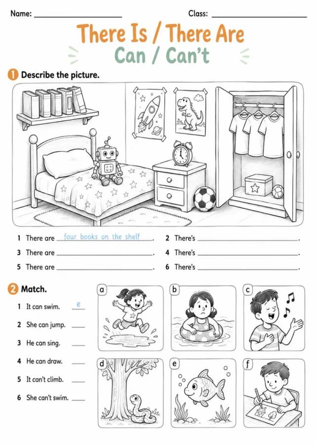 There Is There Are and Can Review | Grade 1 Grammar Worksheet grade 1 printable PDF preview