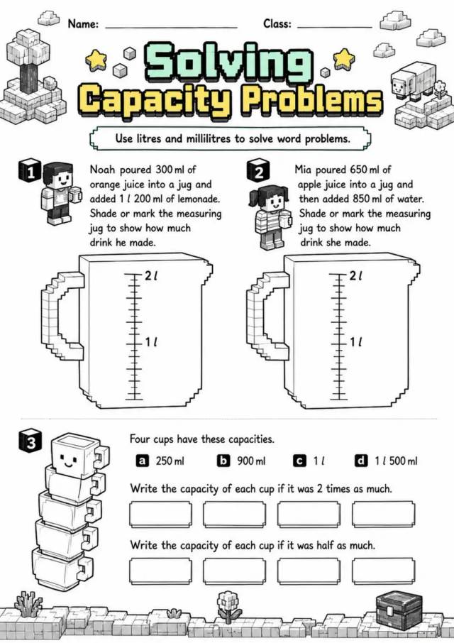 Solving Capacity Problems - Grade 3 Math Worksheet grade 3 printable PDF preview