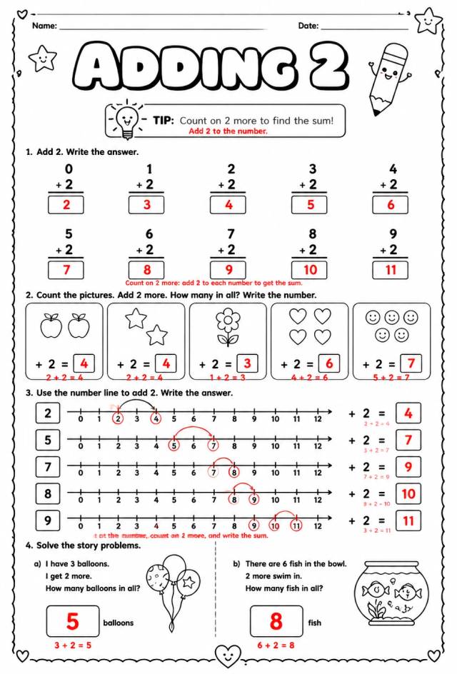 Answer key for Adding 2 — free printable Math worksheet