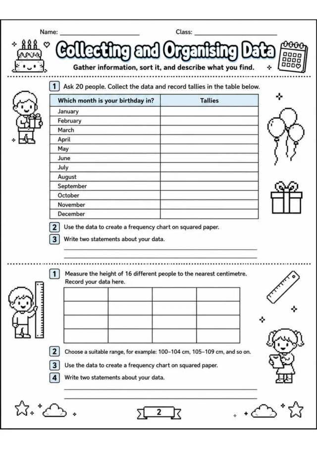 Collecting and Organising Data - Grade 3 Math Worksheet grade 3 printable PDF preview