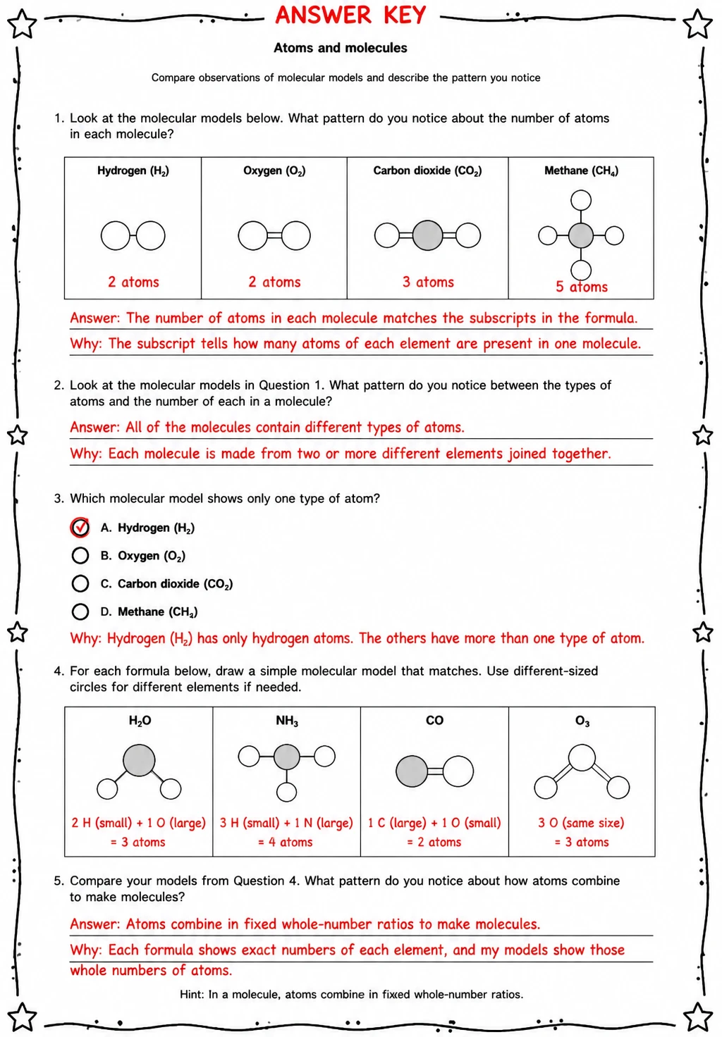Answer key for Compare observations of molecular models and describe the pattern you notice — free printable Science worksheet