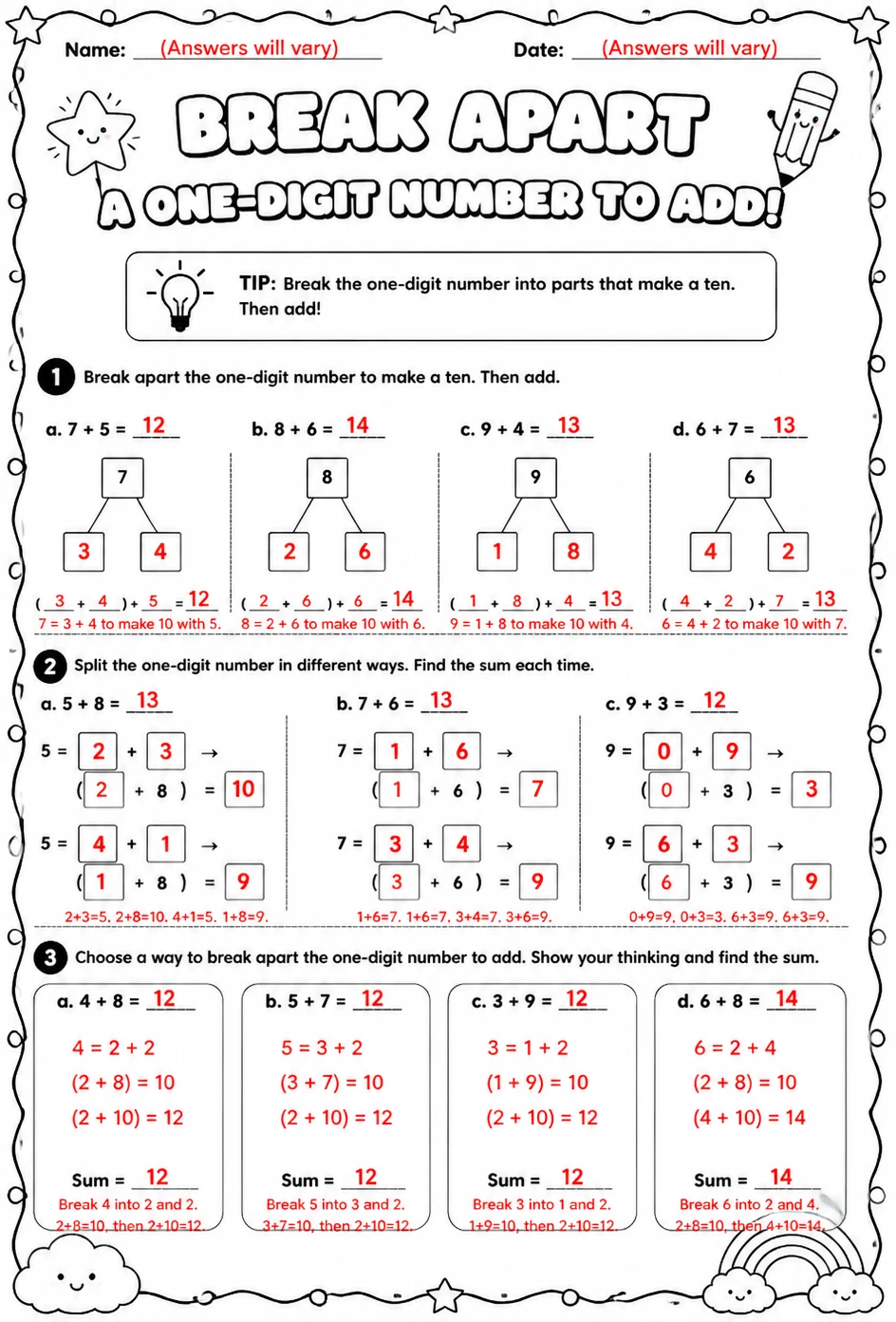Answer key for Break apart a one-digit number to add — free printable Math worksheet