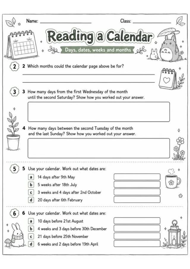Reading a Calendar - Grade 3 Math Worksheet - grade 3 Printable independent practice grade 3 printable PDF preview