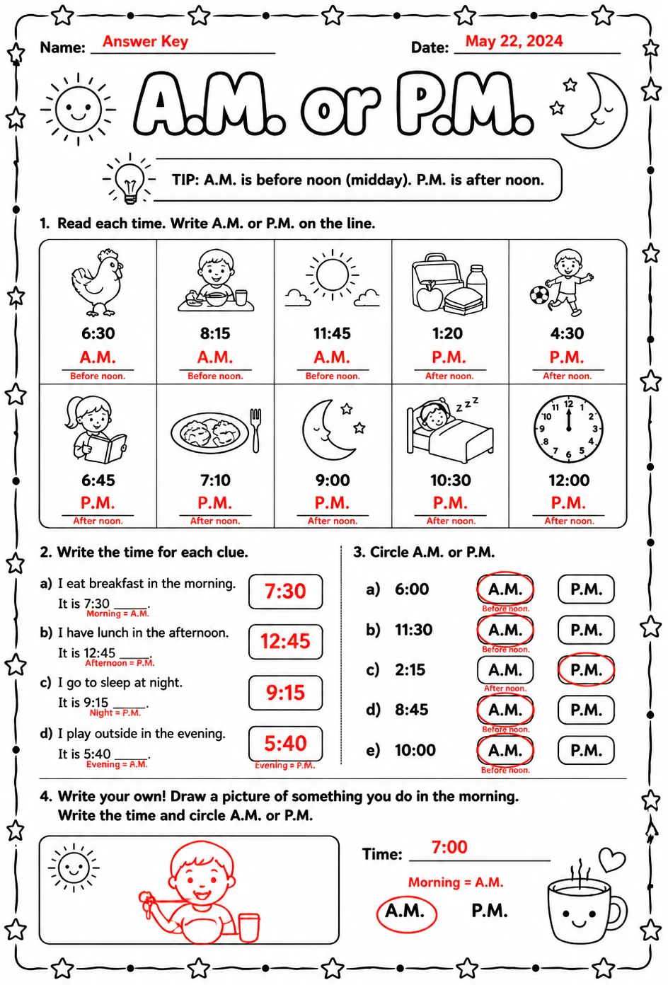 Answer key for A.M. or P.M. — free printable Math worksheet