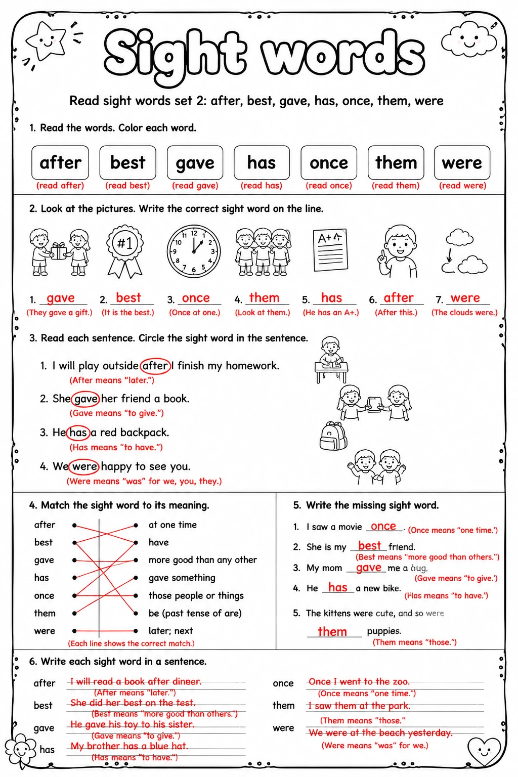 Answer key for Read sight words set 2: after, best, gave, has, once, them, were — free printable English & Reading worksheet