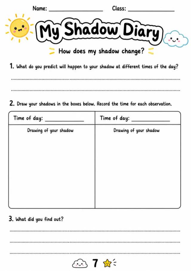 My Shadow Diary - Grade 3 Science Worksheet grade 3 printable PDF preview