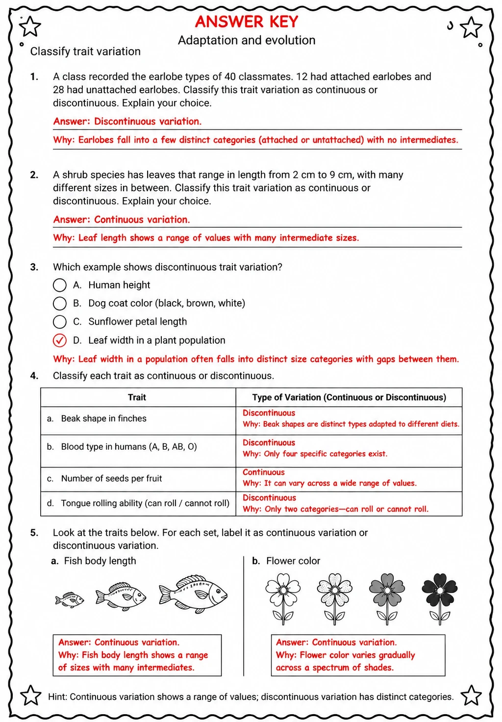 Answer key for Classify trait variation — free printable Science worksheet