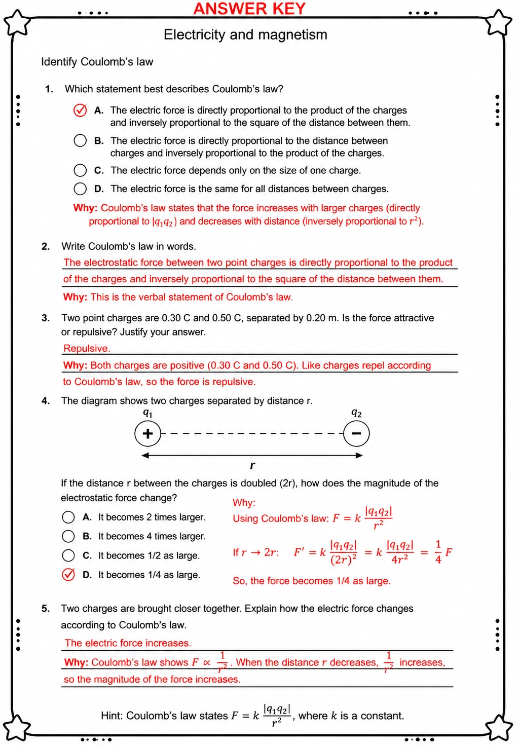 Answer key for Identify Coulomb's law — free printable Science worksheet