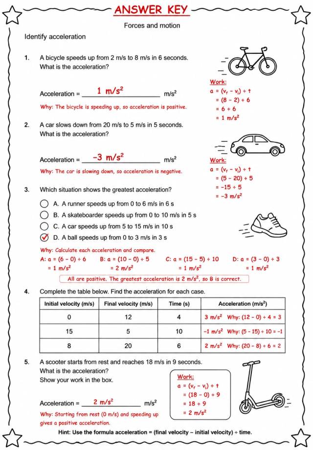 Answer key for Identify acceleration — free printable Science worksheet