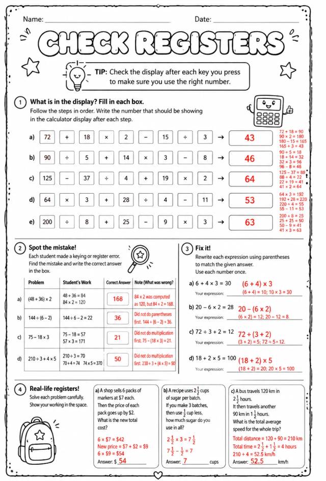 Answer key for Check registers — free printable Math worksheet