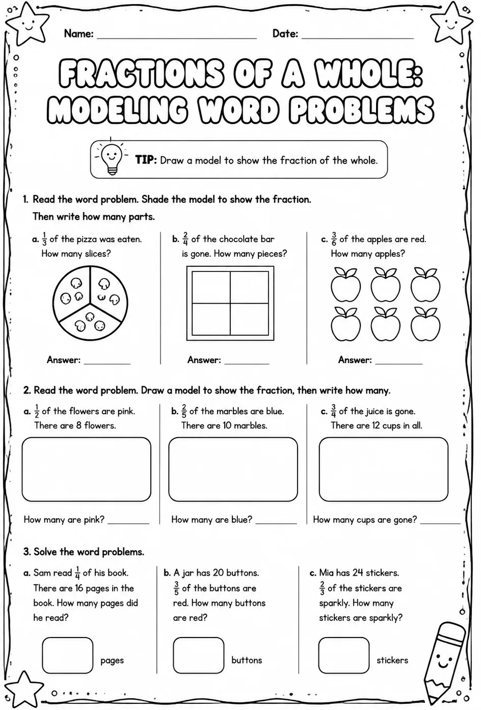 Fractions of a whole: modeling word problems — free printable Grade 3 math worksheet