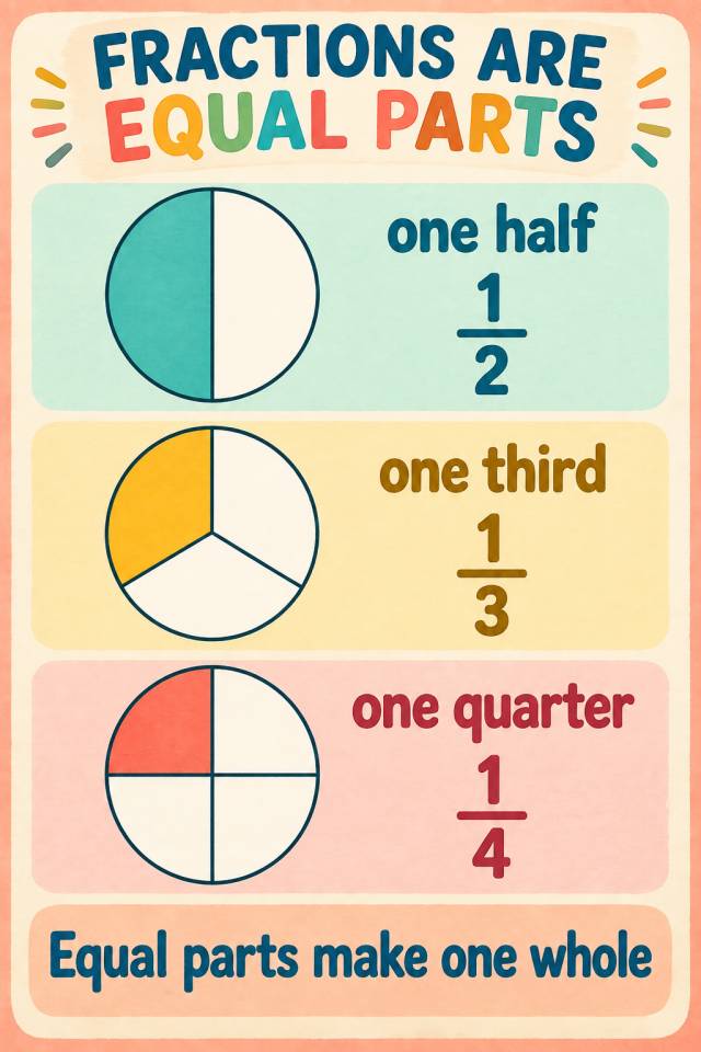Fractions Are Equal Parts poster with circle models for one half, one third and one quarter, each showing a single shaded equal part.