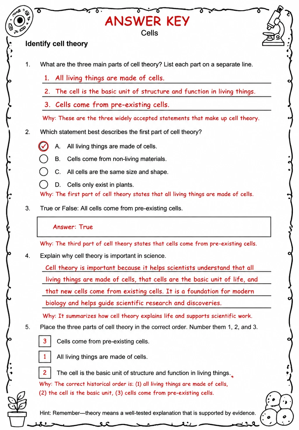 Answer key for Identify cell theory — free printable Science worksheet