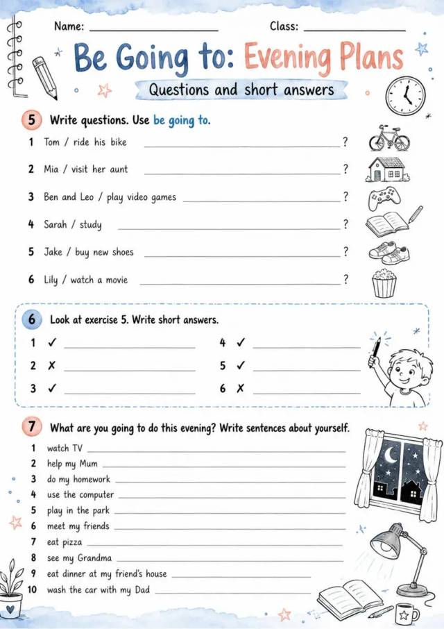Be Going To: Evening Plans | Grade 5 Grammar Worksheet grade 5 printable PDF preview