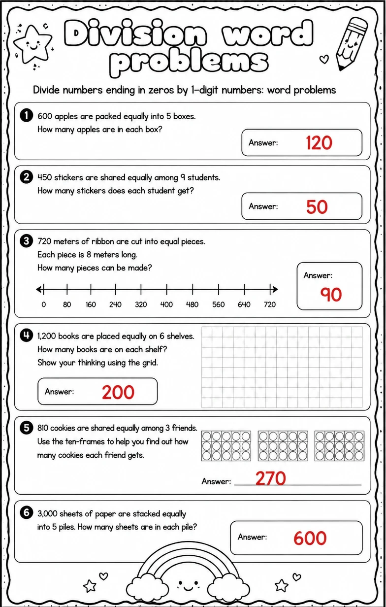 Answer key for Divide numbers ending in zeros by 1-digit numbers: word problems — free printable Math worksheet
