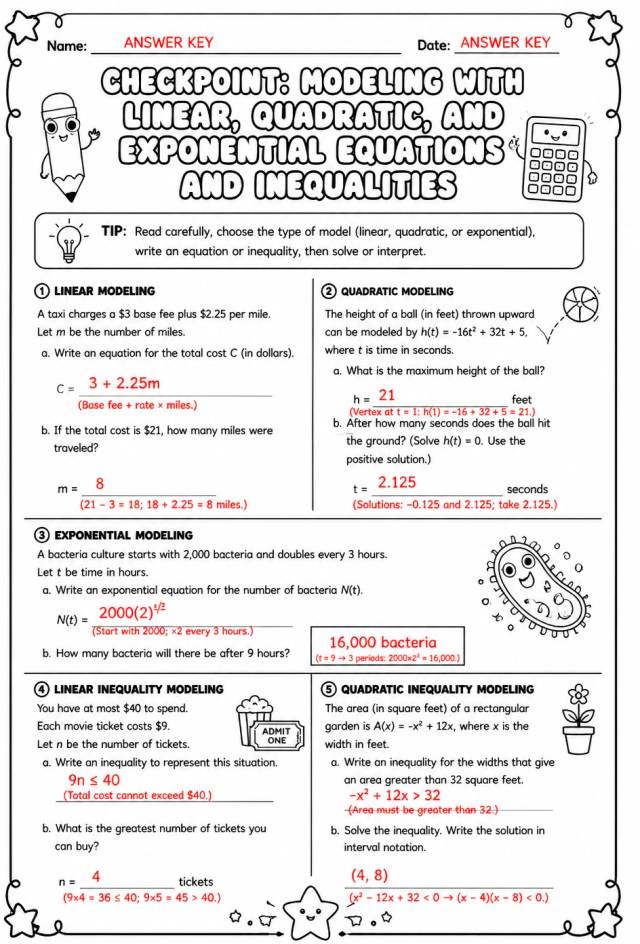 Answer key for Checkpoint: Modeling with linear, quadratic, and exponential equations and inequalities — free printable Math worksheet