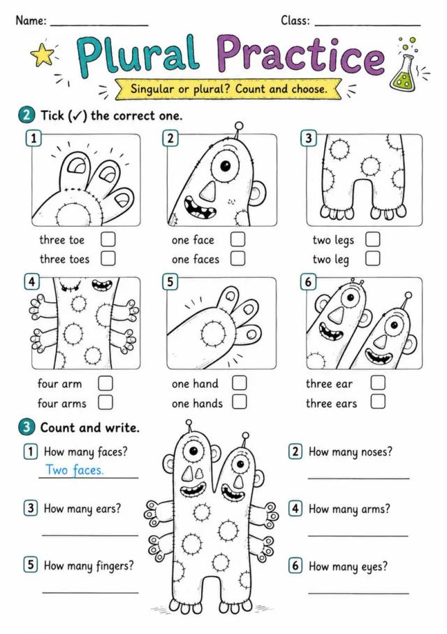 Singular or Plural Nouns Count and Choose | Grade 1 Grammar Worksheet grade 1 printable PDF preview
