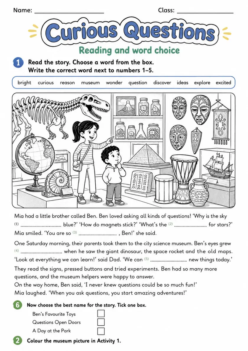 Cambridge Flyers - Curious Questions | Free Worksheet primary printable PDF preview