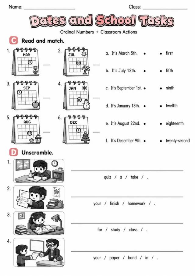Dates And School Tasks | Grade 2 English Language Arts Worksheet grade 2 printable PDF preview