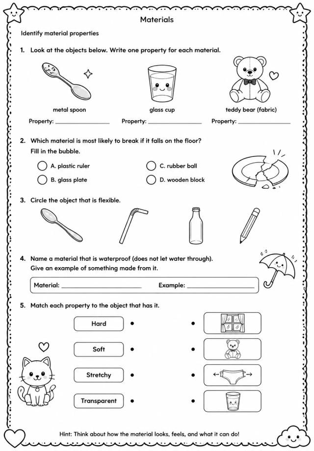 Identify material properties — free printable Grade 2 Science worksheet