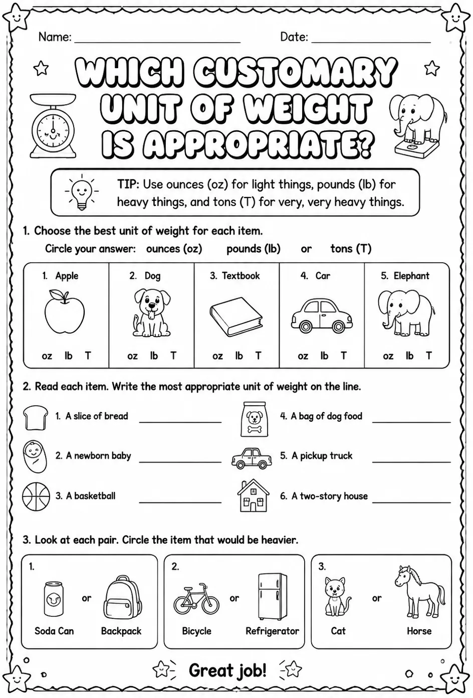Which customary unit of weight is appropriate? — free printable Grade 3 math worksheet