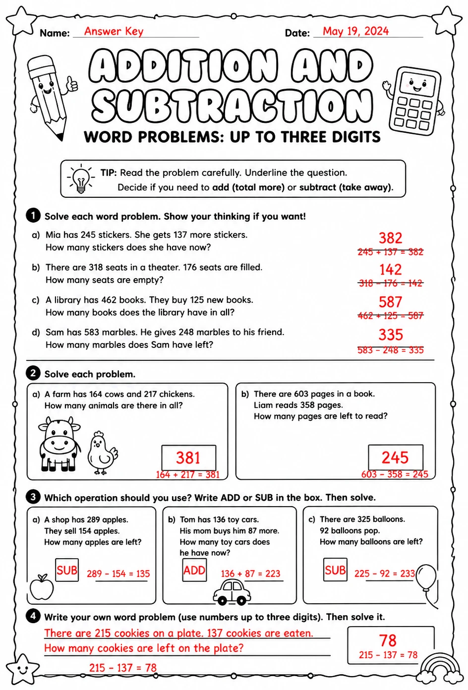 Answer key for Addition and subtraction word problems: up to three digits — free printable Math worksheet