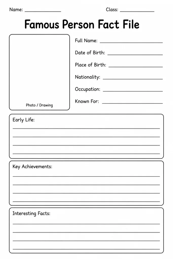 Free printable famous person fact file template with a large portrait box at the top and labelled fact lines and bullet-point notes below for student research.
