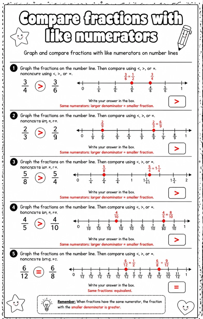 Answer key for Graph and compare fractions with like numerators on number lines — free printable Math worksheet