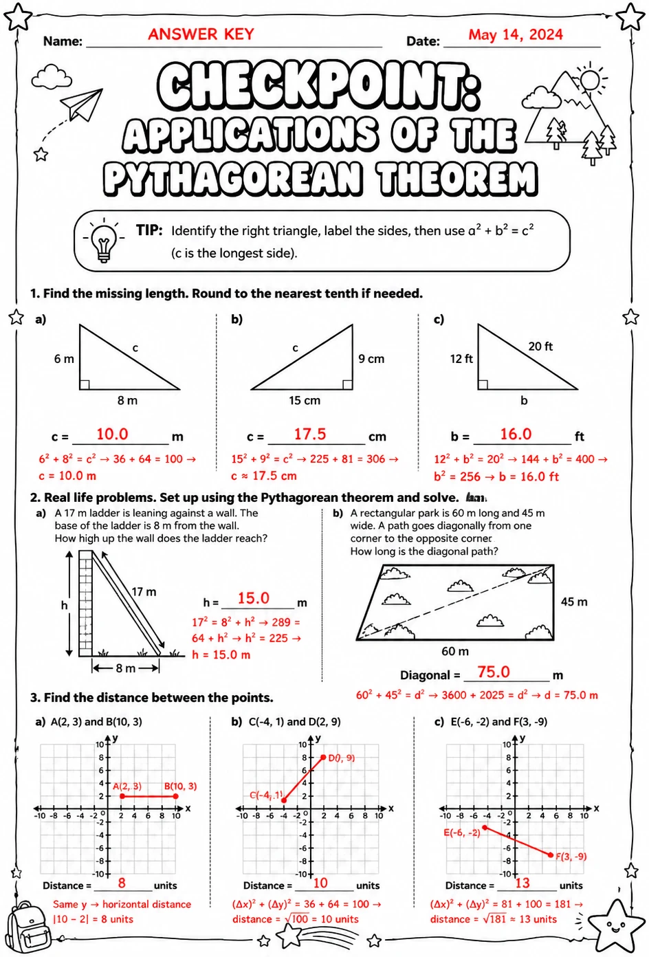 Answer key for Checkpoint: Applications of the Pythagorean theorem — free printable Math worksheet