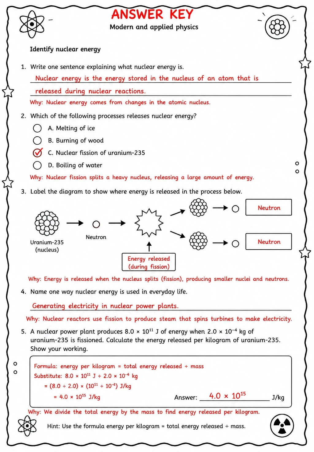 Answer key for Identify nuclear energy — free printable Science worksheet