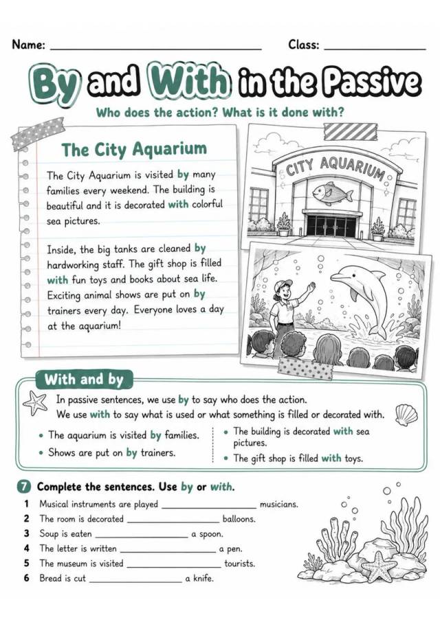 By And With In The Passive | Grade 5 Grammar Worksheet grade 5 printable PDF preview