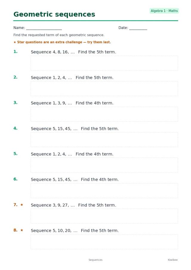 Geometric sequences worksheet — Algebra 1