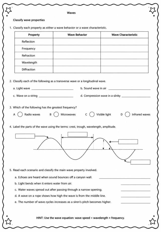 Classify wave properties — free printable Middle School Science worksheet