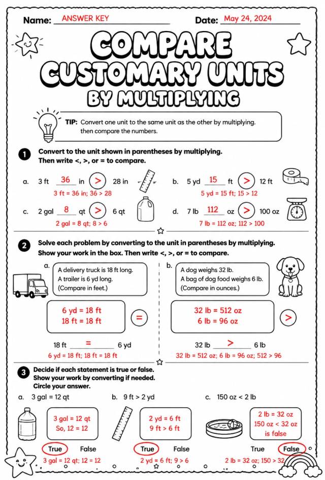 Answer key for Compare customary units by multiplying — free printable Math worksheet