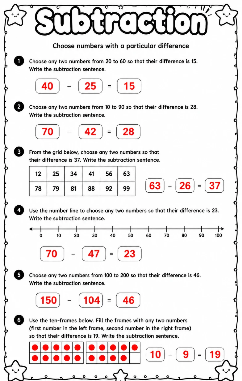 Answer key for Choose numbers with a particular difference — free printable Math worksheet